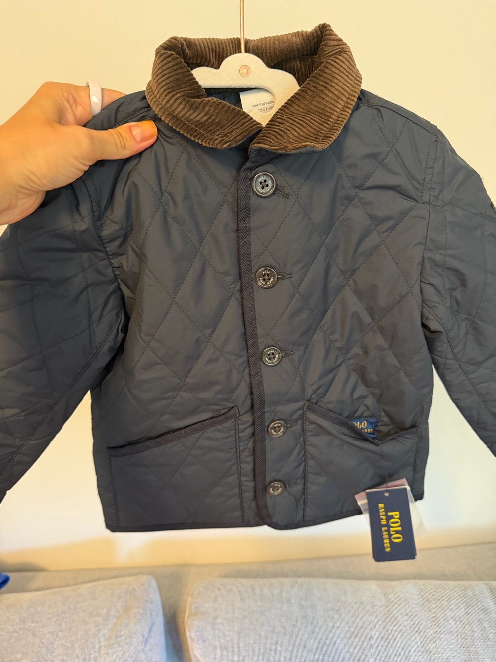 Ralph Lauren Navy Quilted Puffer with Brown Corduroy Collar